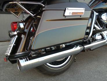 MCJ 2-in-2 Edition 100 Auspuffanlage für Harley Touring bis 2016 – Schwarz/Chrom – Endkappen wählbar B073 / B075 / B080