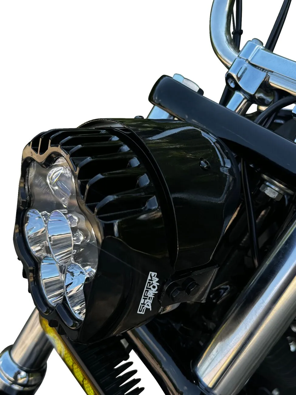 Custom Dynamics Shark Demon White LED Scheinwerfer ECE mit Pedestal Mount für Harley-Davidson Road King ab Baujahr 2014