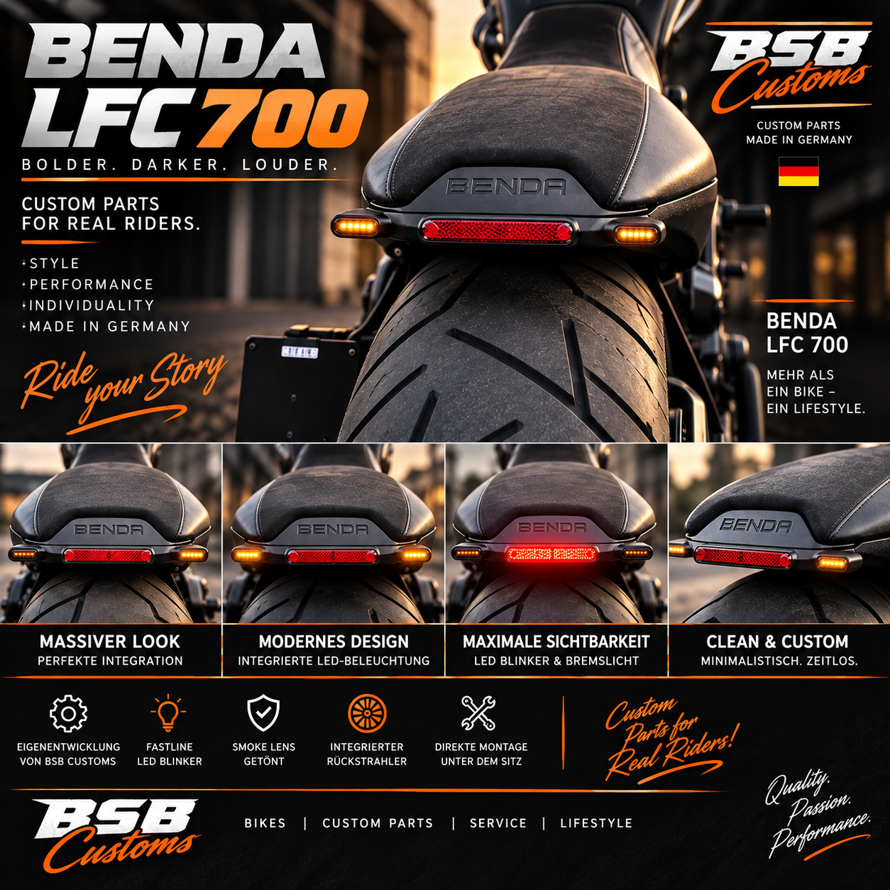Eigenentwickelte Blinkerleiste für BENDA LFC 700 & LFC 700 PRO mit Fastline LED Lights (3in1: Rücklicht, Bremslicht & Blinker)